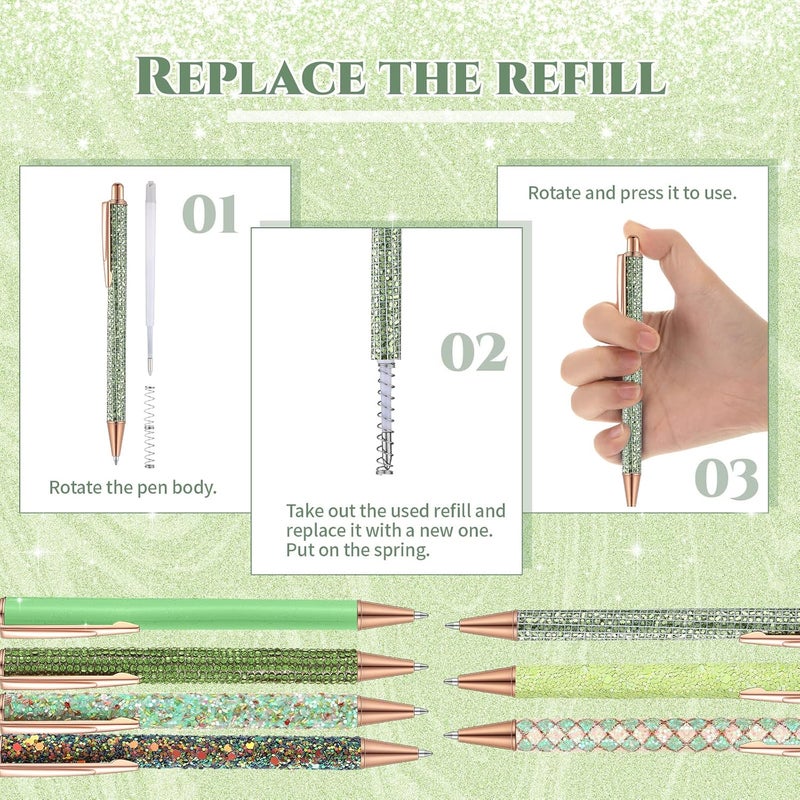 Sherr 7 Pcs Fancy Pens for Women Cute Sparkly Glitter Pens with 10 Pcs Black Ink Refills Pretty Gifts for Girls Office School Christmas Graduation(Green,Fresh) - Image 3